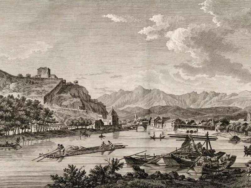 Radeau de grumes à destination de l’arsenal de Toulon, porte de la Graille à Grenoble, par Le May ; gravure de Née (1784). 